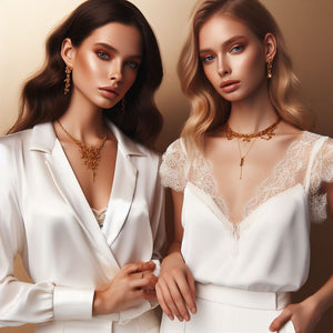 Two models one brunette and one blonde featuring white tops in white silk with details of lace, and gold color necklaces and earrings.