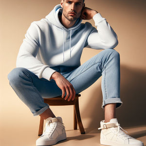 Male model wearing a white hooded sweatshirt featuring a pair of classic light blue jeans and a pair of high top white sneakers shoes