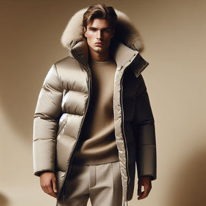 male model wearing neutral color clothes featuring a champagne color winter puffer jacket with faux fur trimmed hood.