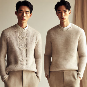 Two asian male models wearing light colored trousers featuring beige thick knitted round neck pullover sweaters.