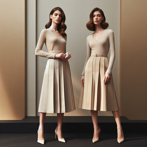 Two women wearing coordinated sets of tops and skirts in neutral colors and nude tone high heel pumps.