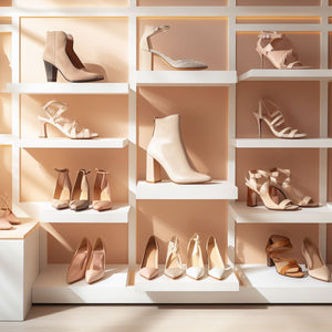 A white display of different styles of neutral color women shoes with a light gold background