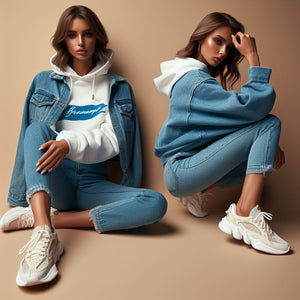 Two brunette female models wearing jeans jackets and jeans pants in light blue denim, white hooded sweaters and white sneakers.