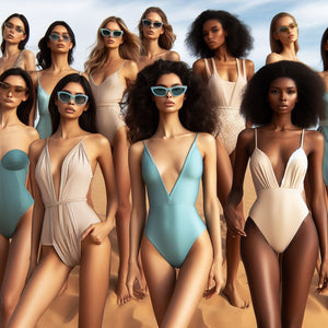 10 female models wearing different styles of swimsuits in neutral and turquoise colors.
