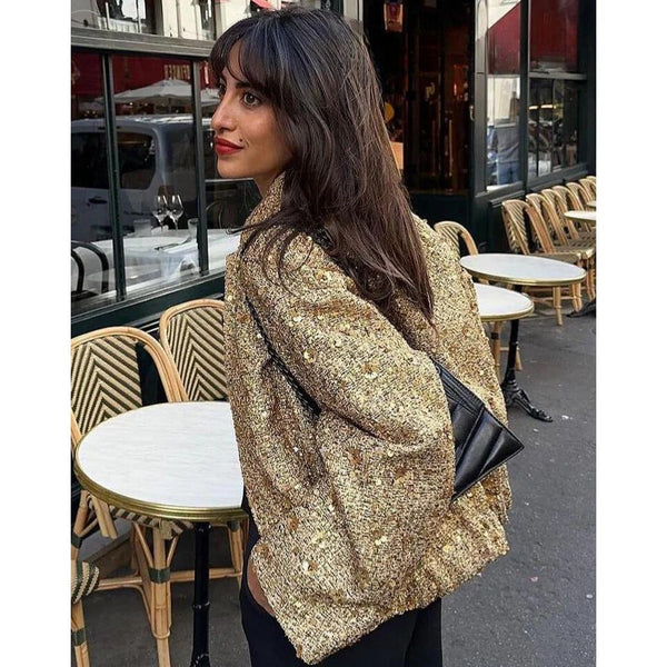 Women Shiny Sequin Tweed Gold Color Stand Collar Jacket - Frimunt Clothing Co.