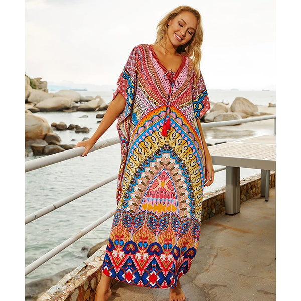 Long Kaftan Beach Cover Up Deep V-Neck Summer Dress Plus Size - Frimunt Clothing Co.