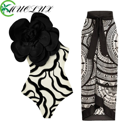 2024 Fashion Vintage 3D Flower One-piece Swimsuit & Cover-Up Set Luxury Swimwear - Frimunt Clothing Co.