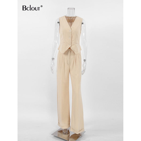 Bclout Summer Cotton Khaki Pants Sets Women's 2 Pieces Elegant V-Neck Tops + Pleated Long Pants Suits - Frimunt Clothing Co.