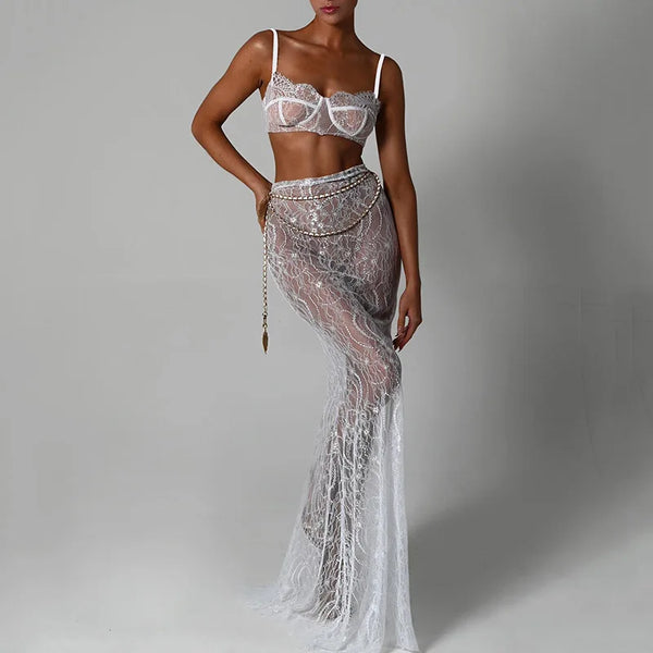 Women's 2 Piece Sets Sheer Lace Crop Top And Maxi Skirt With Chain Belt Elegant Evening or Vacation Outfits - Frimunt Clothing Co.