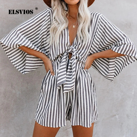 V Neck Lace-up Printed Fashion Shorts Rompers
