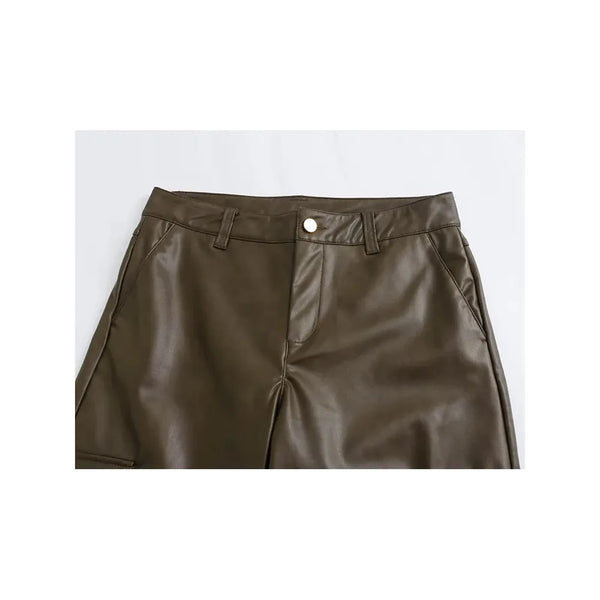 Women's Faux Leather High Waist Cargo Pants Straight Leg - Frimunt Clothing Co.