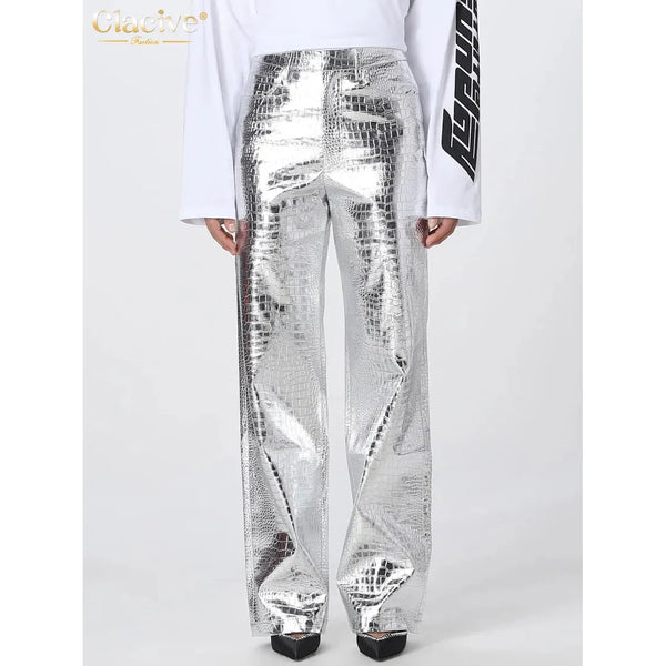 Silver Eco Leather Womens Pants High Waist Straight Leg Trousers - Frimunt Clothing Co.
