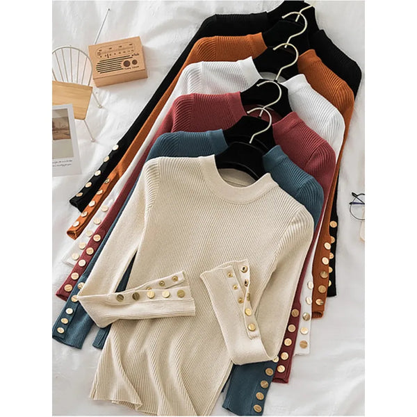 Women's Basic Autumn Winter O-Neck Rib Knit Buttoned Sleeve Sweater - Frimunt Clothing Co.