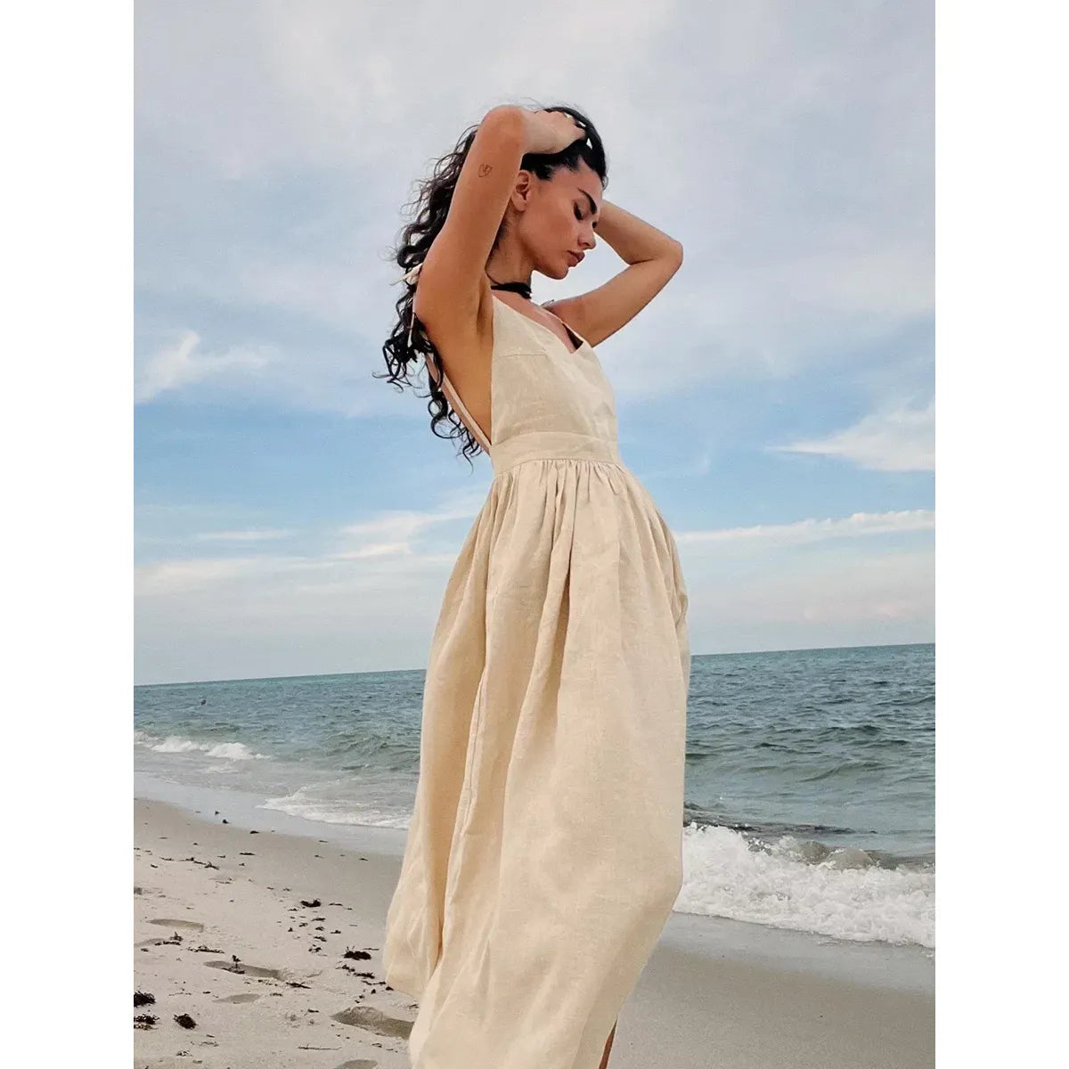 Women Vintage Loose A-line 100% Cotton V-neck Spring Summer Beach Styl – Frimunt Clothing Co