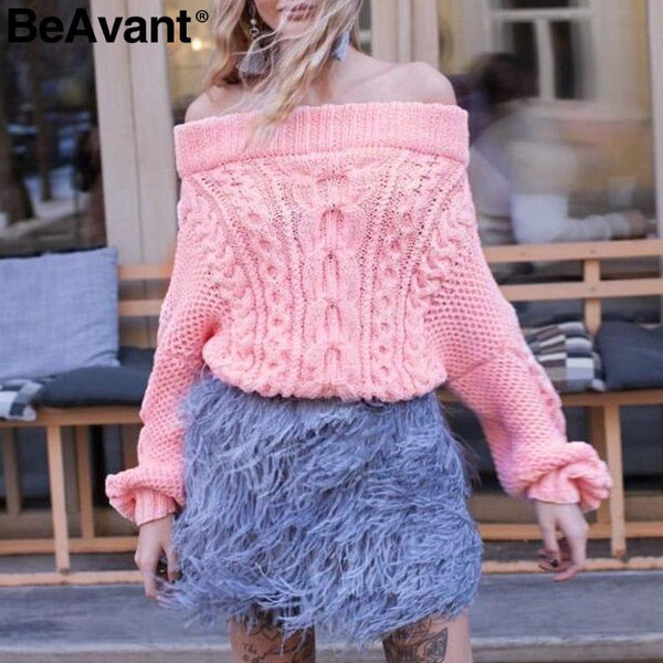 Twist Knit Off Shoulder Women Sweater Batwing Sleeve Winter Pullover Loose - Frimunt Clothing Co.