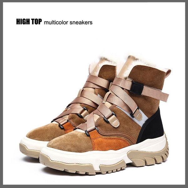 New High Top Multi Color Ankle Winter Sneaker Boots Suede Leather Inner Fur Chunky Platform Comfortable Luxury Women Winter Boots - Frimunt Clothing Co.