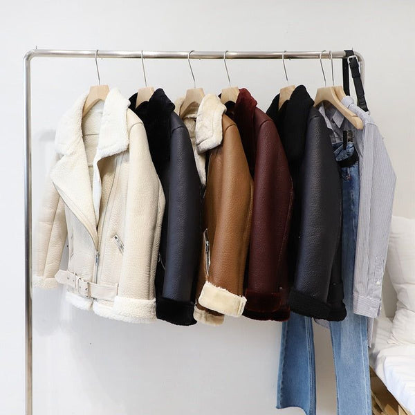 Winter Women's Faux Sheepskin Leather Jacket Aviator Style with Fur Lining - Frimunt Clothing Co.