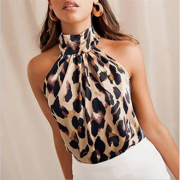 Women's Fashion Shiny Halter Neck Tank Tops Summer Casual Solid Color Blouse Black Gold Silver Leopard - Frimunt Clothing Co.