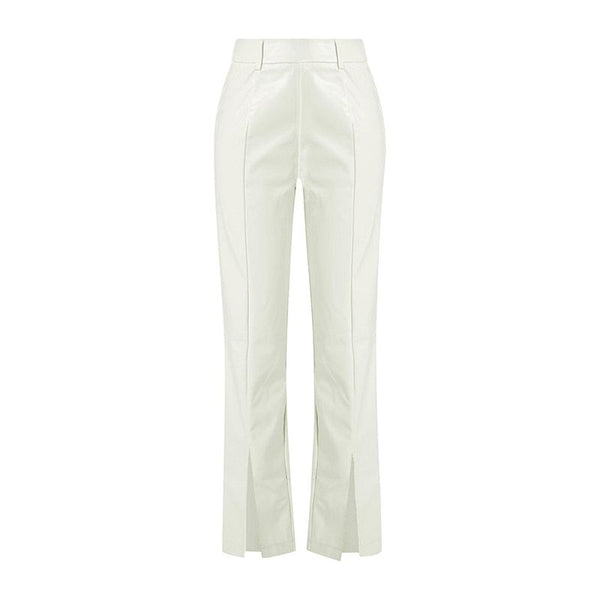Women's Spring Autumn Flared Slit Trousers Eco Leather White Pants - Frimunt Clothing Co.