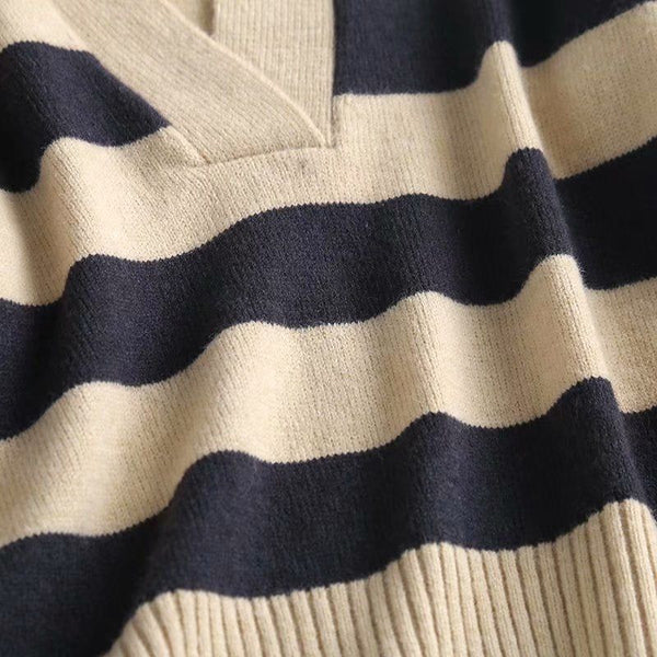 Za 2021 Women's Striped V Neck Wool Women Sweaters Polo Long Sleeve Oversized Wool Pullovers - Frimunt Clothing Co.