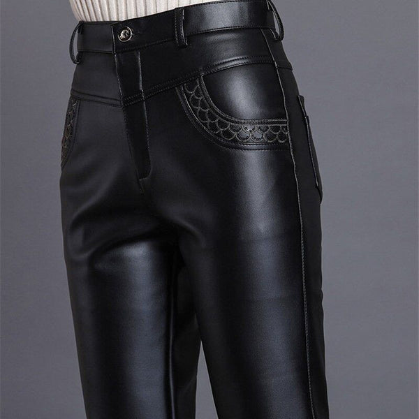 Spring Autumn Casual Faux Leather Women's Pants Slim Straight Cut High Waist Black Pants - Frimunt Clothing Co.