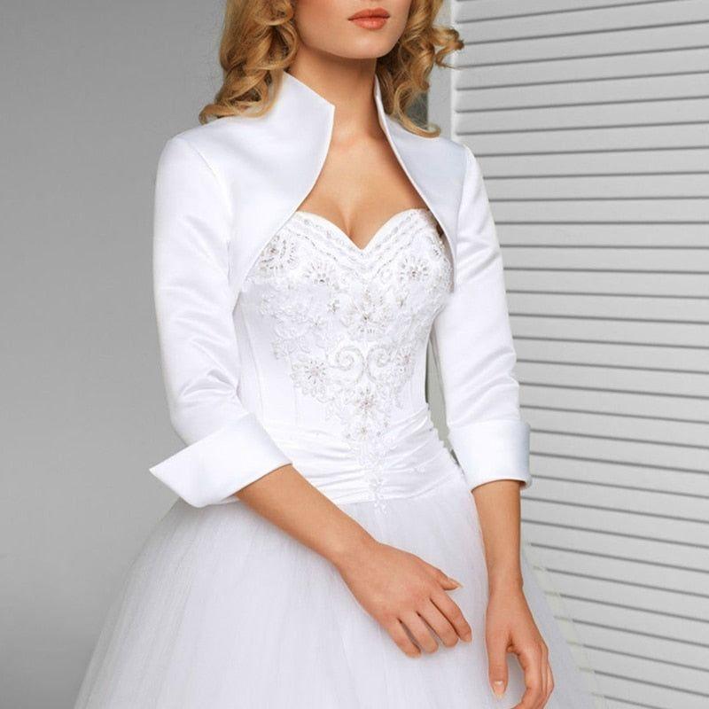 Satin Bridal Bolero Jacket Stand-up Collar 3/4 Sleeves Frimunt Clothing Co. Satin Bridal Bolero Jacket Stand-up Collar 3/4 Sleeves Frimunt Clothing Co.