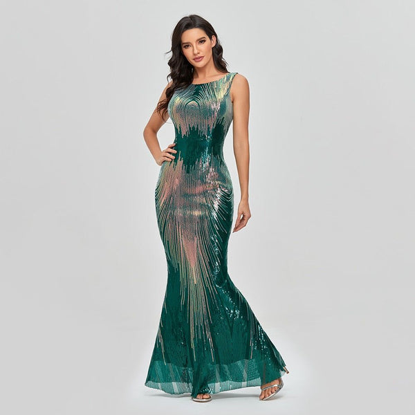 Sleeveless O-neck Evening Party Dress Shinning Sequins Mermaid Prom Gowns Elegant Slim Robe De Soriee Women Full Dress 2021 New - Frimunt Clothing Co.