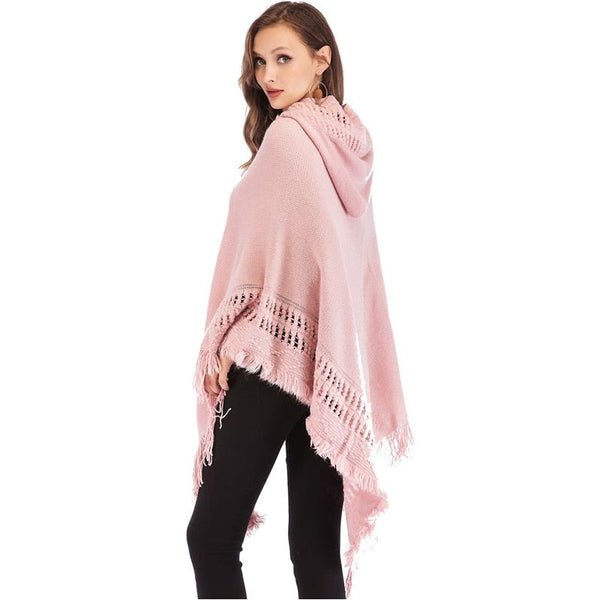 FLORATA Casual Women Sweater Hooded Knitted Poncho With Tassels Pullover Solid Colors - Frimunt Clothing Co.