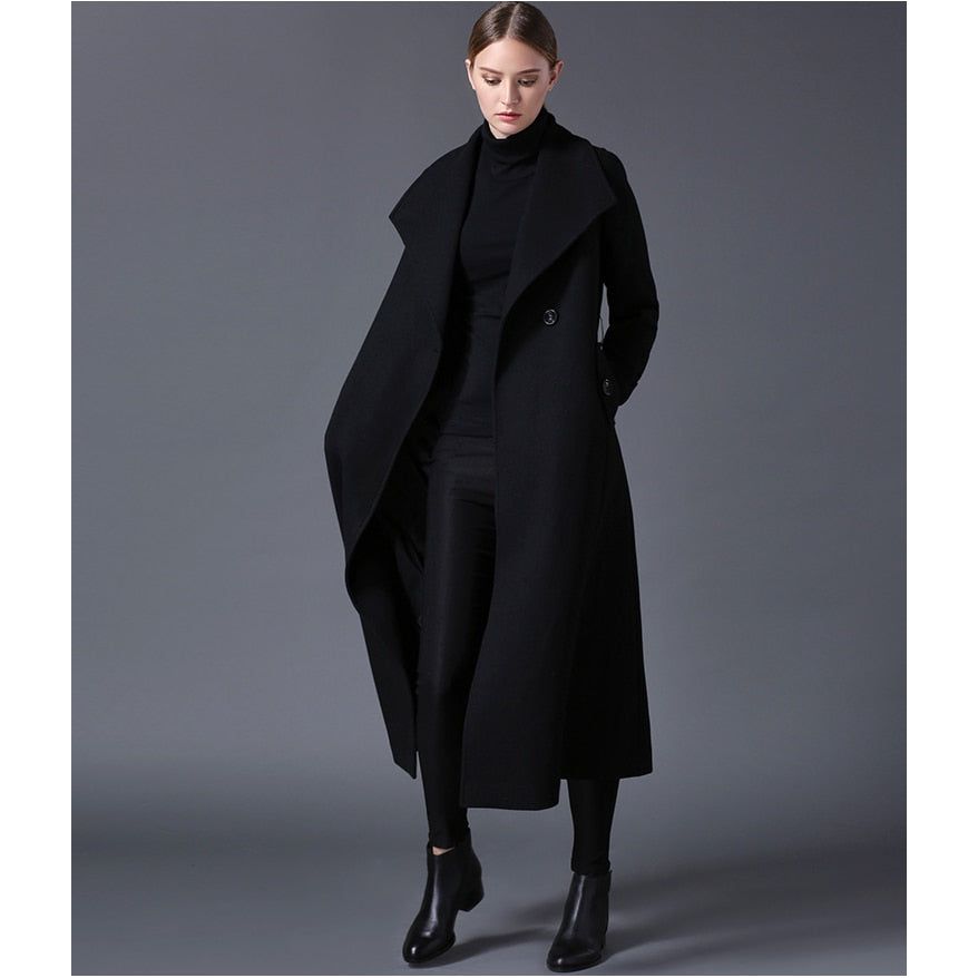 Autumn Winter Wool Long Black Coat Thick Warm Fully Lined Button Front Side Pockets Plus Sizes - Frimunt Clothing Co.