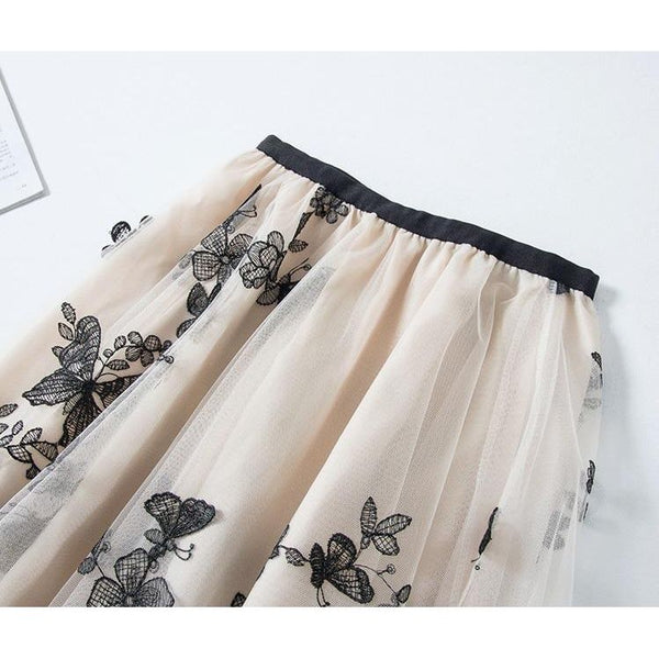 Elegant Women's Mesh Skirt High Waist A-Line Chic Embroidery 3D Appliques - Frimunt Clothing Co.