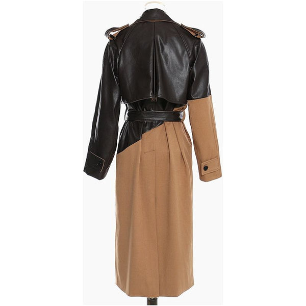 Women's Khaki Eco Leather Long Trench Coat New Lapel Long Sleeve Loose Fit - Frimunt Clothing Co.