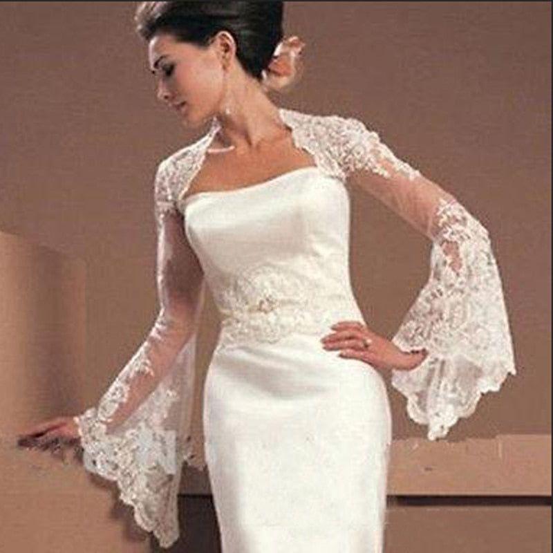 Long Trumpet Sleeve Bridal Bolero Jacket With Lace Appliques Backless –  Frimunt Clothing Co