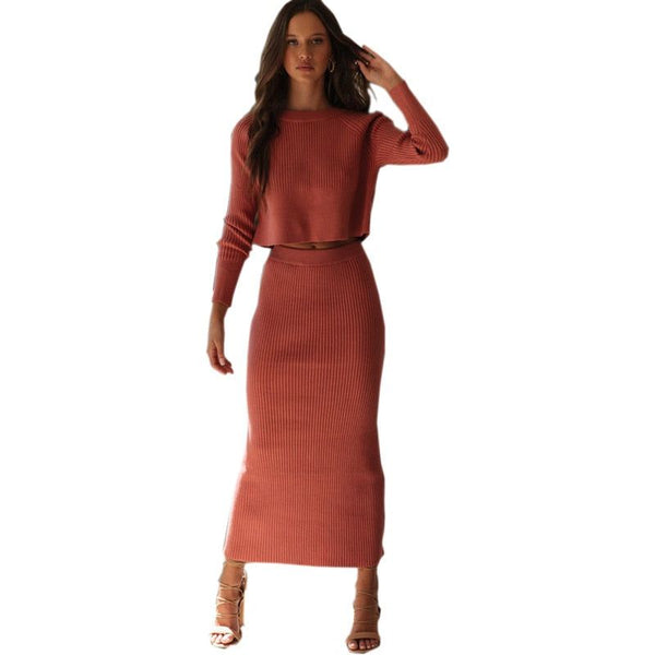 Women's 2 Pieces Set Knitted Pullover Crop Sweater Top And Long Back Slit Bodycon Skirt - Frimunt Clothing Co.