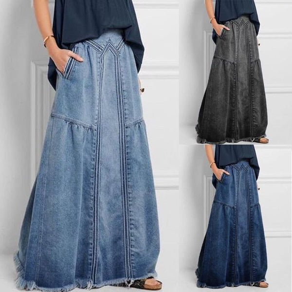 Women's Vintage Weathered Long Denim Skirt High Waist Blue, Dark Blue, Gray - Frimunt Clothing Co.