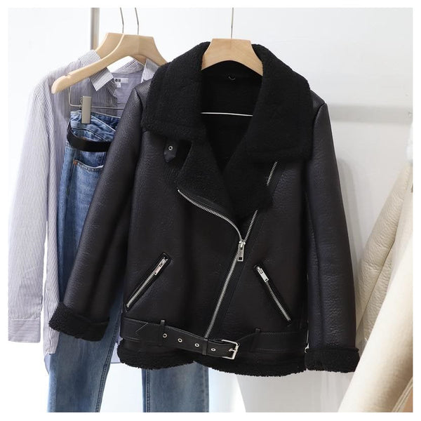 Winter Women's Faux Sheepskin Leather Jacket Aviator Style with Fur Lining - Frimunt Clothing Co.
