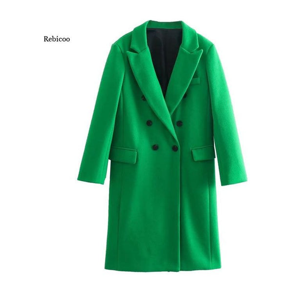 Women Autumn Winter Green Double Breasted Woolen Coat - Frimunt Clothing Co.