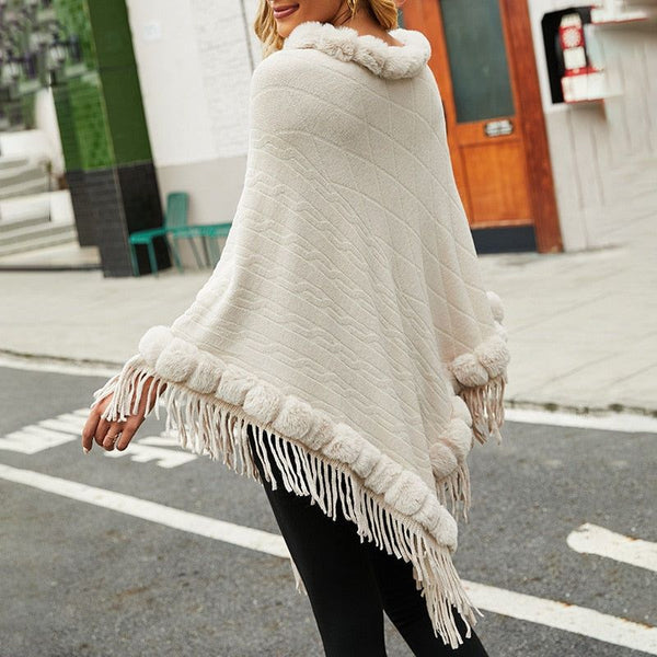 LOGAMI Fur Collar Solid Colors Knitted Cape Shawl Autumn Winter Poncho - Frimunt Clothing Co.