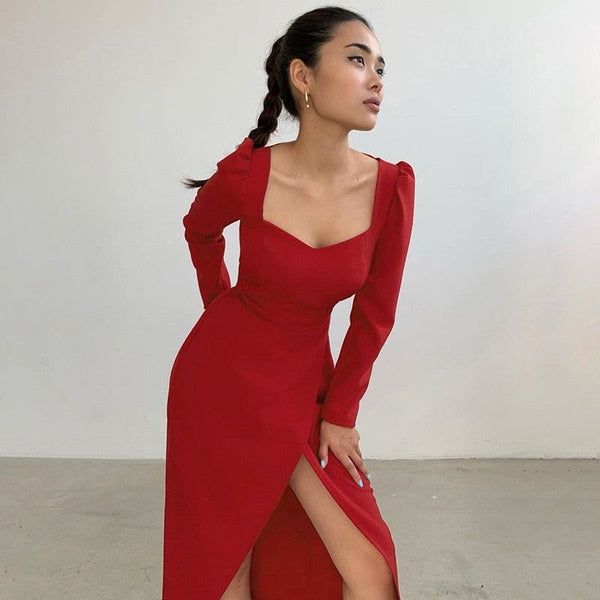Fall Winter Elegant Dress Sexy Square Collar Long Sleeve High Waist Red, Black - Frimunt Clothing Co.