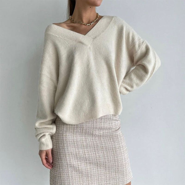 Women's V-neck Knitted Loose Sweaters Autumn Winter Long Sleeve Basic - Frimunt Clothing Co.