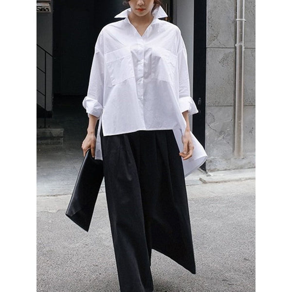 New Spring Autumn Lapel Long Sleeve White Back Long Loose Big Size Irregular Shirt JU847 - Frimunt Clothing Co.