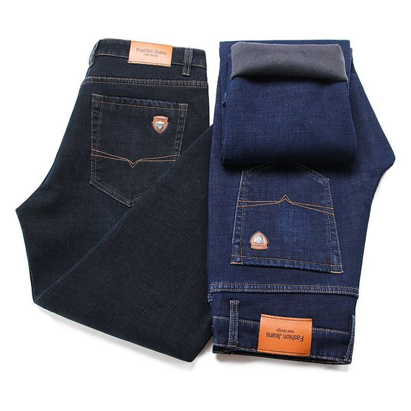 Winter Straight Fit  Thick Warm Fleece Lined Men's Jeans Classic Badge Business Casual High waist Denim - Frimunt Clothing Co.