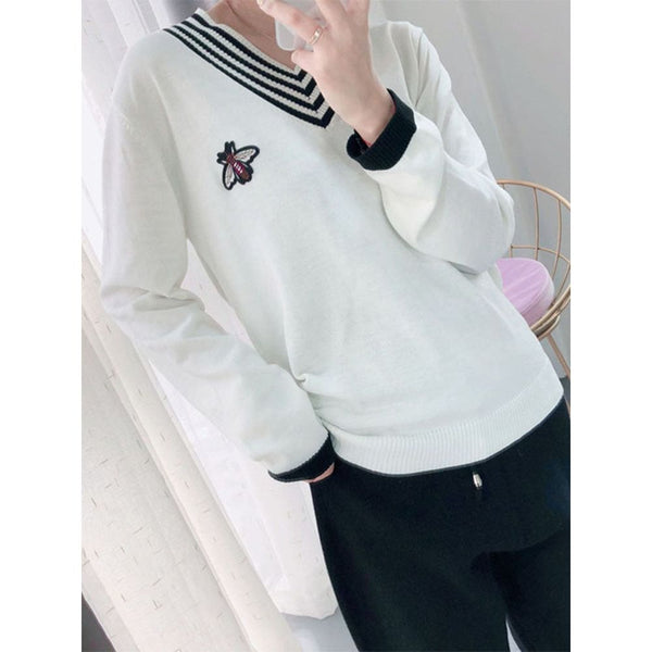 European Style Spring Autumn Women Bee Embroidery Sweater Elegant V-neck Knitted Loose Striped Long Sleeve Pullover - Frimunt Clothing Co.