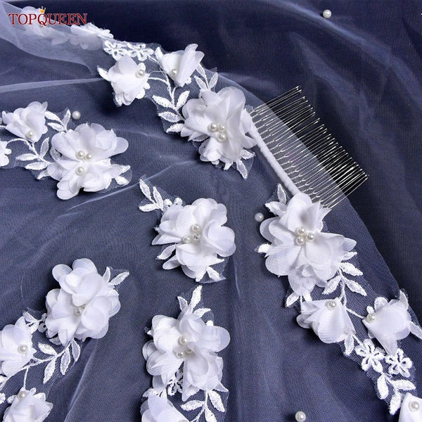 3D Flowers with Pearls Cathedral Length Luxury Bridal Veil - Frimunt Clothing Co.