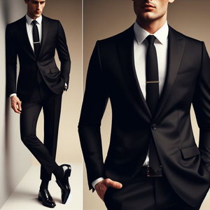 A man wearing a black formal dress suit and tie, with a white shirt and black shiny black dress shoes.