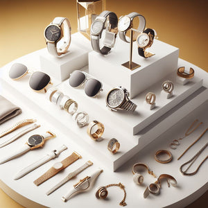 A white display of male accessories such as wrist-watches, sunglasses, rings and necklaces with a light gold background