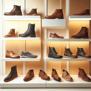 A white display of different styles of shoes and boots for men with a light gold background