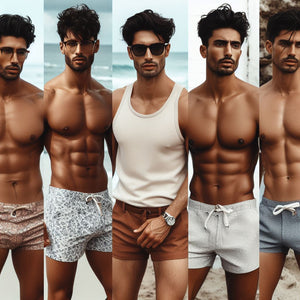 5 men of different ethnicity wearing different styles of swimwear standing on sand at a beach