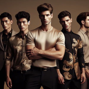 5 male models wearing t-shirts and dress shirts in neutral colors and prints.