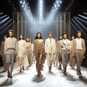 A fashion catwalk with female and male models showing different styles of clothing with the name FRIMUNT written in gold letters in the dark background