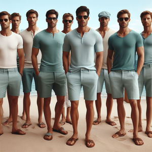 9 men standing on beach sand wearing turquoise color short pants and neutral tone t-shirts